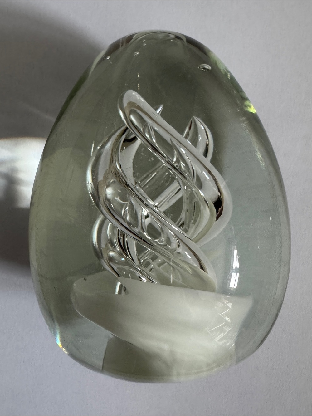 Vintage Handblown Egg-Shaped Clear Glass Swirl Sculpture Inside Paperweight